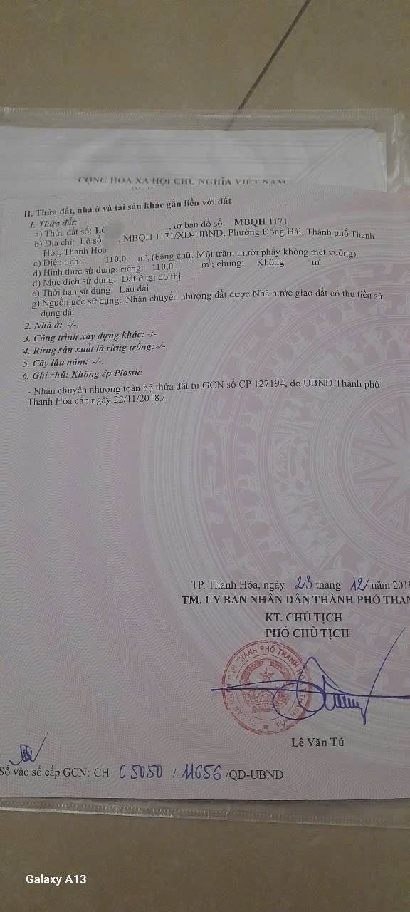 Đất nền MB 1171 Thanh Hóa 110m² hướng Đông Bắc - Sổ đỏ sẵn giao dịch