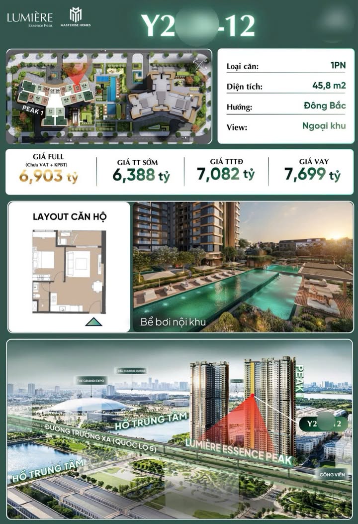 Căn hộ 1PN Lumière Essence Peak 45.8m² - View Đại lộ Trường Sa, Hà Nội