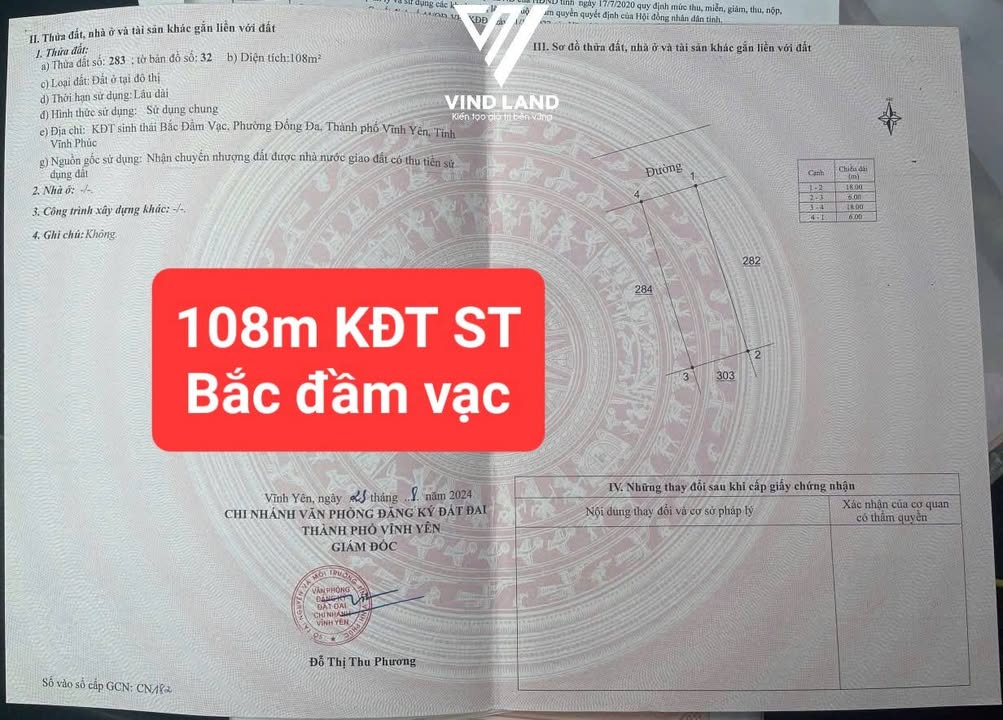 Đất Vĩnh Yên 108m² hướng Bắc - Sổ hồng, sẵn sàng xây nhà an cư