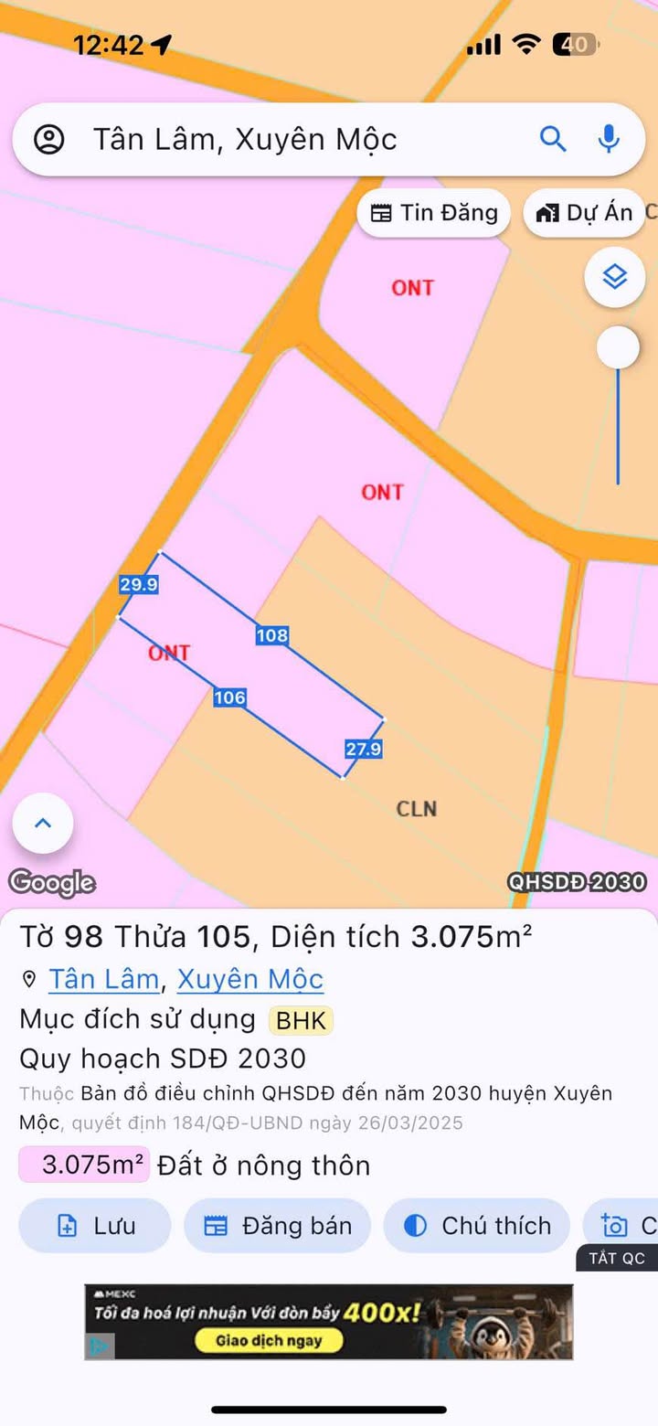 Đất nền Tân Lâm, Xuyên Mộc 3120m² - Sổ đỏ chính chủ, giá 1.8 tỷ