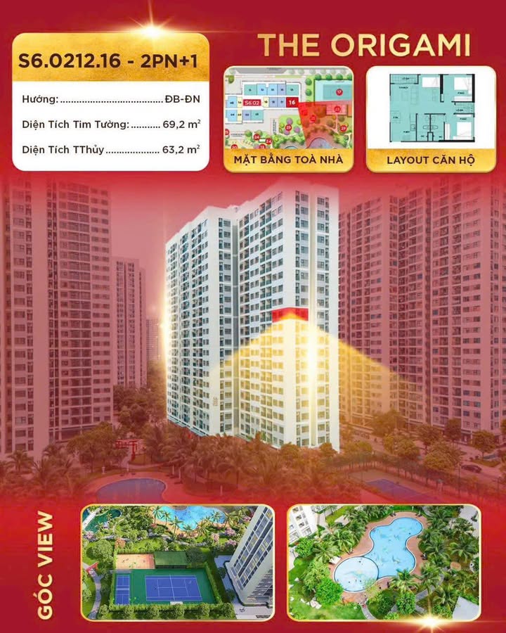 Căn hộ Origami 63m² 2PN - View trực diện hồ bơi, 3.9 tỷ