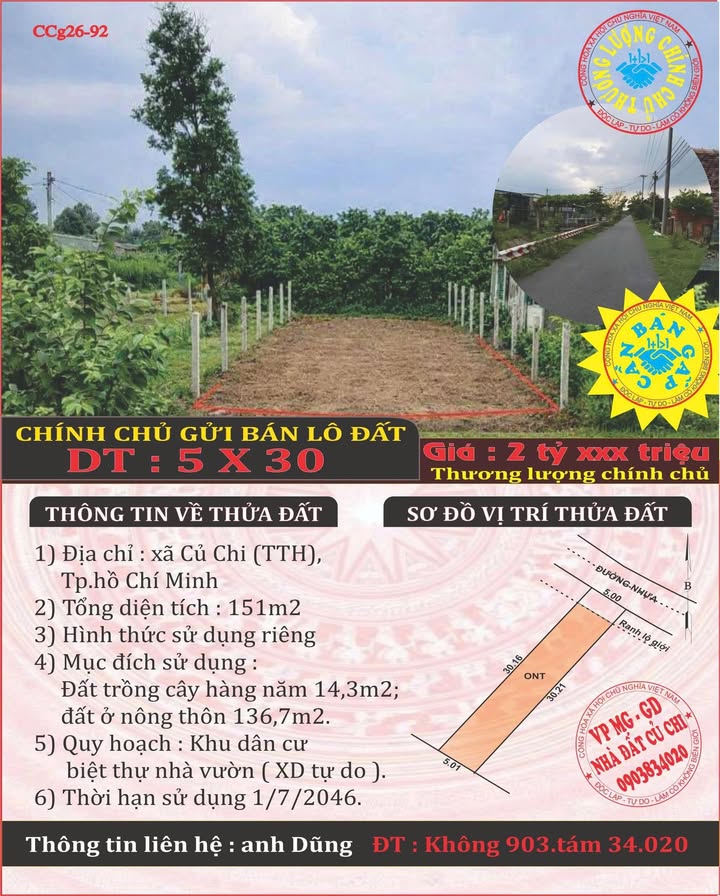 Đất nền Tân Thông Hội Củ Chi 150m² hơn 2 tỷ - Sổ đỏ chính chủ