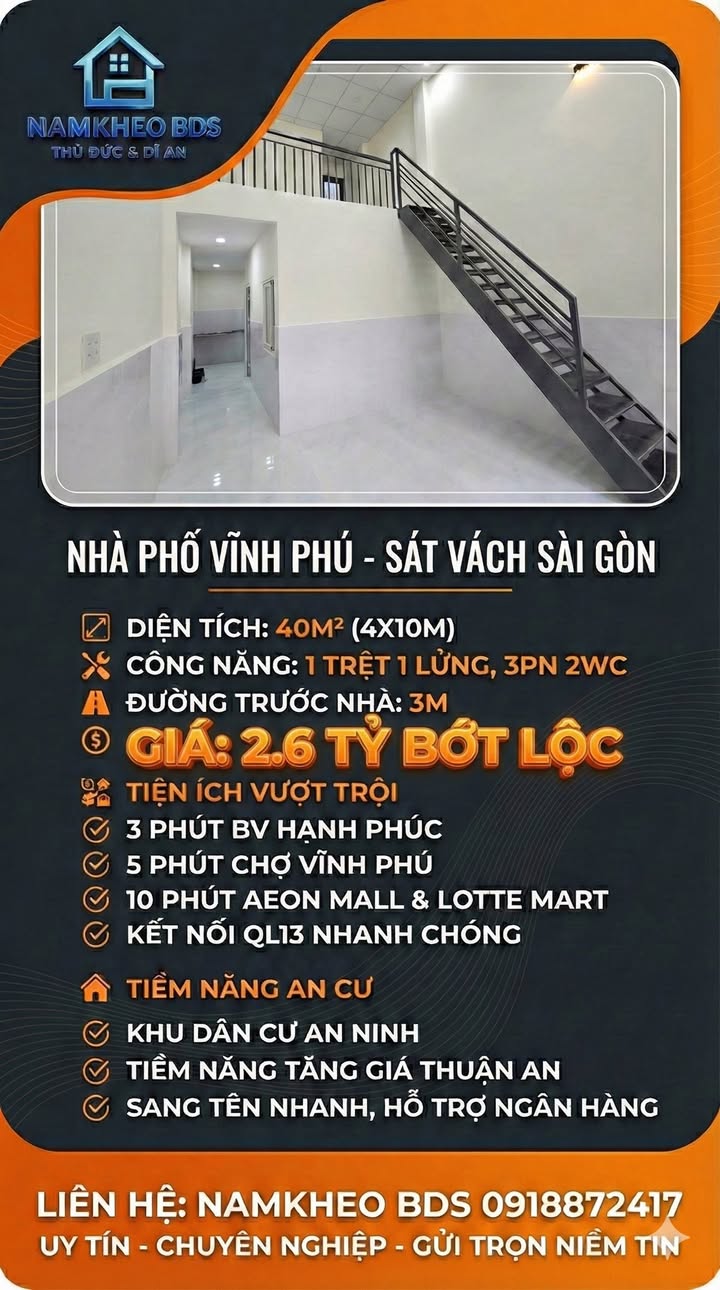 Nhà Sổ Riêng 40m² Vĩnh Phú, Thuận An - Giá 2.6 Tỷ, Sát QL13
