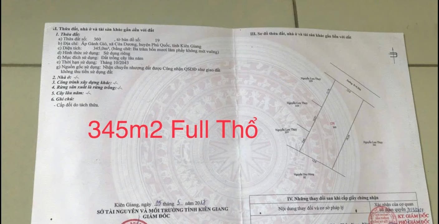 Đất nền Phú Quốc 345m² - Sổ đỏ chính chủ, đường ô tô