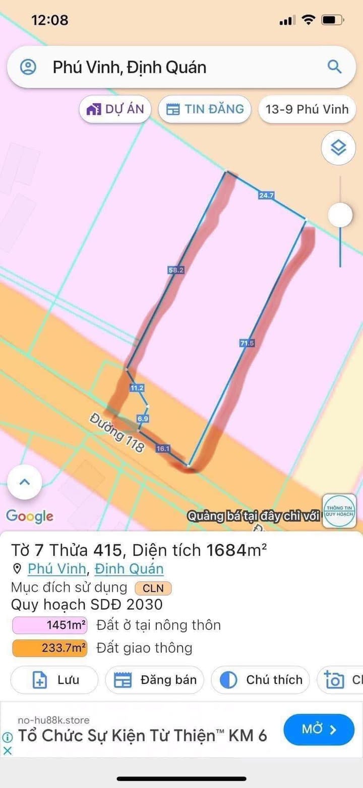 Đất sào Phú Vinh Định Quán 1704m² - Sổ đỏ chính chủ giá tốt