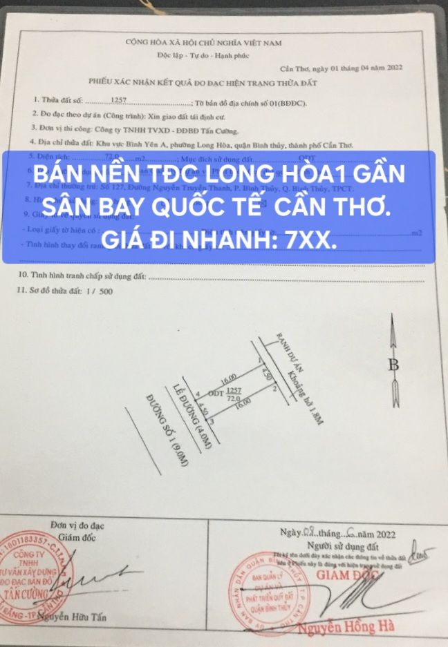 Đất nền Long Hòa 72m² Cần Thơ - Pháp lý rõ ràng, chủ gốc