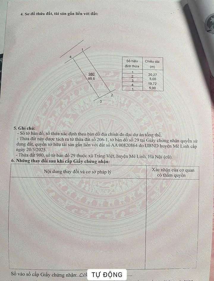 Đất nền Mê Linh 99.6m² F0 - Sổ đỏ thổ cư 100%