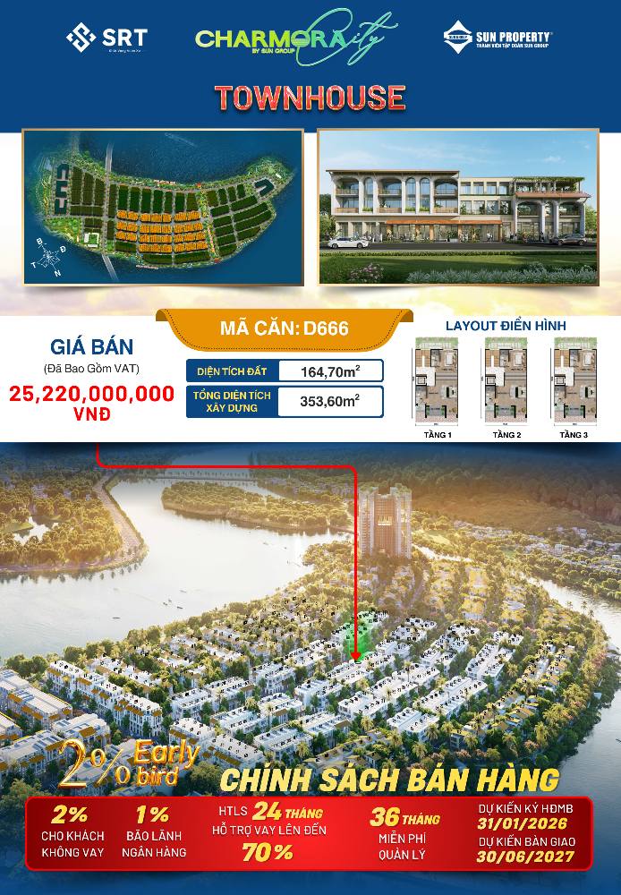 Townhouse Charmora City Nha Trang 164.7m² - Sổ đỏ lâu dài, Vay 70% 0% LS 24 tháng