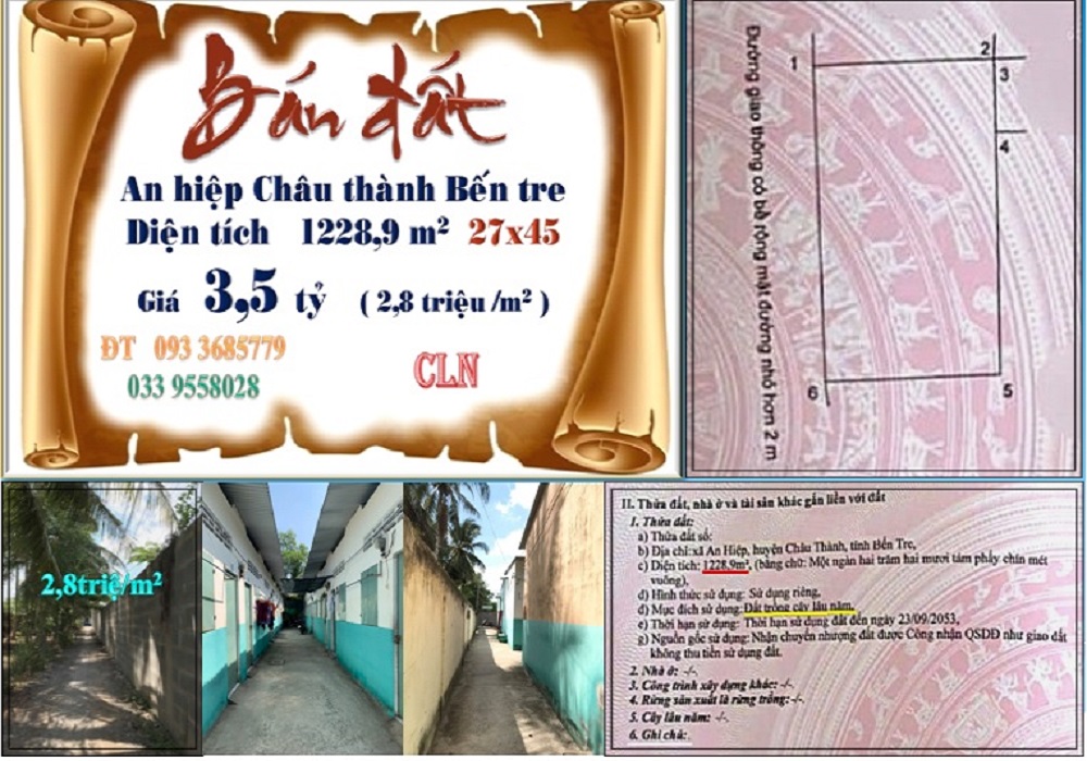 Nhà trọ 1228m² An Hiệp, Bến Tre - Dòng tiền 20 triệu/tháng