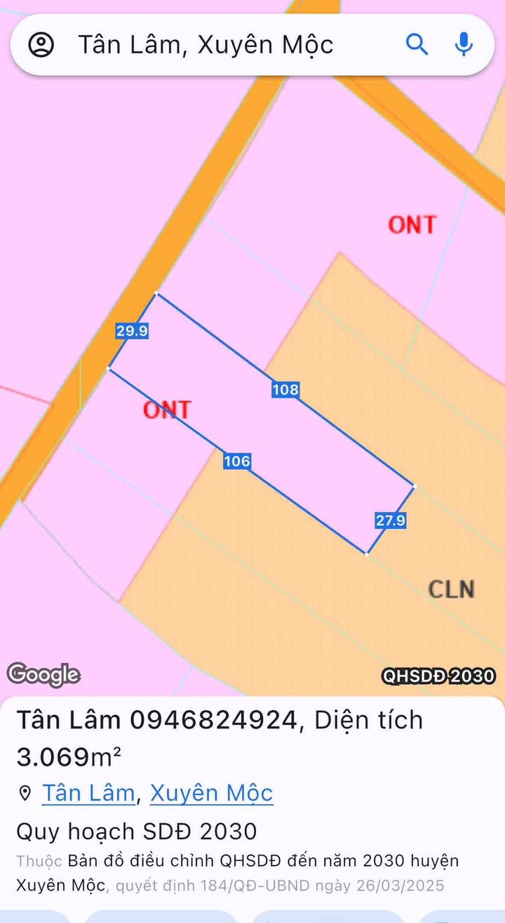 Đất vườn Tân Lâm Xuyên Mộc 3120m² giá 5.2 tỷ - Sổ hồng chính chủ