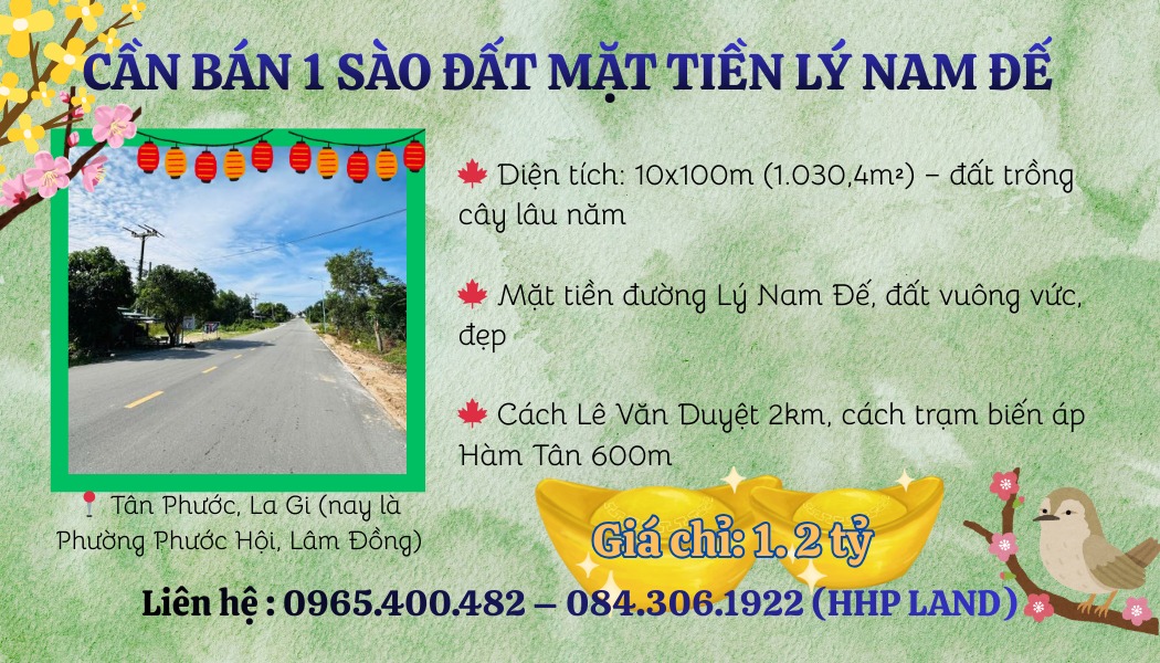 Bán Đất Vườn Lagi 1030m² Mặt Tiền Lý Nam Đế - Sổ Hồng Sẵn Sàng