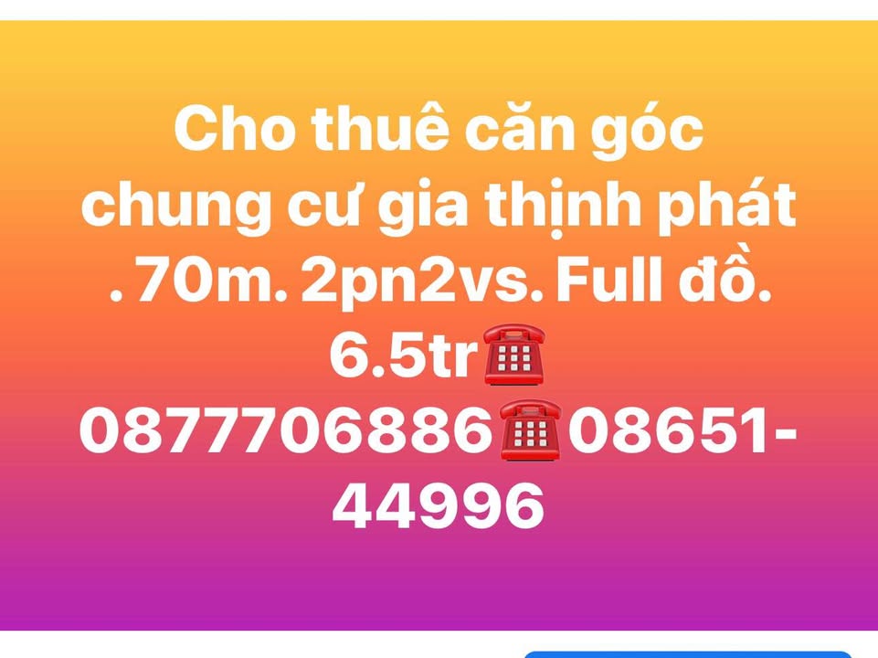 Cho thuê căn góc Chung cư Gia Thịnh Phát 70m² - 2PN Full đồ giá 6.5 triệu