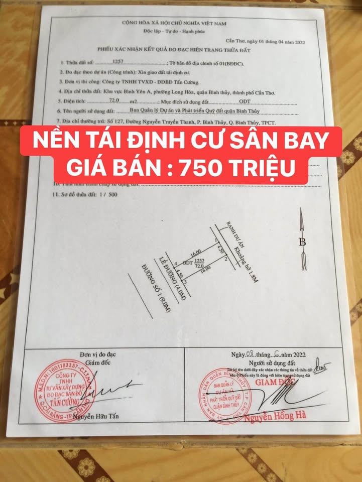 Đất Nền Tái Định Cư Sân Bay Cần Thơ 72m² - Hướng Nam Mát Mẻ