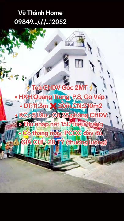 Tòa CHDV Góc 2MT Quang Trung, Gò Vấp - 210m² - Thu nhập 150 triệu/tháng