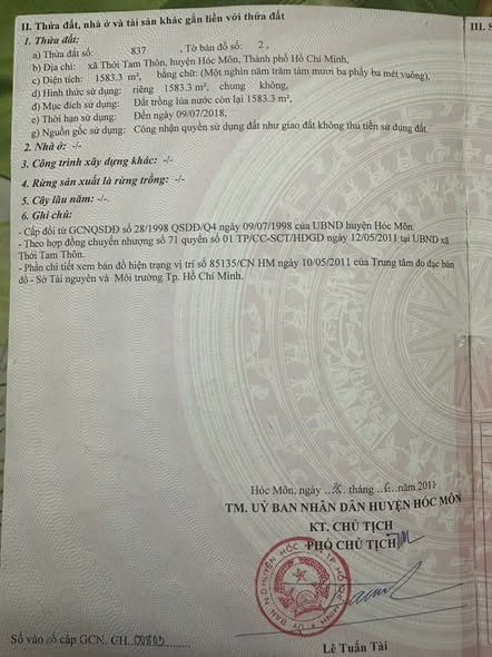 Bán gấp đất 1583m² Thới Tam Thôn, Hóc Môn - Sổ đỏ riêng, giá 5.3 tỷ