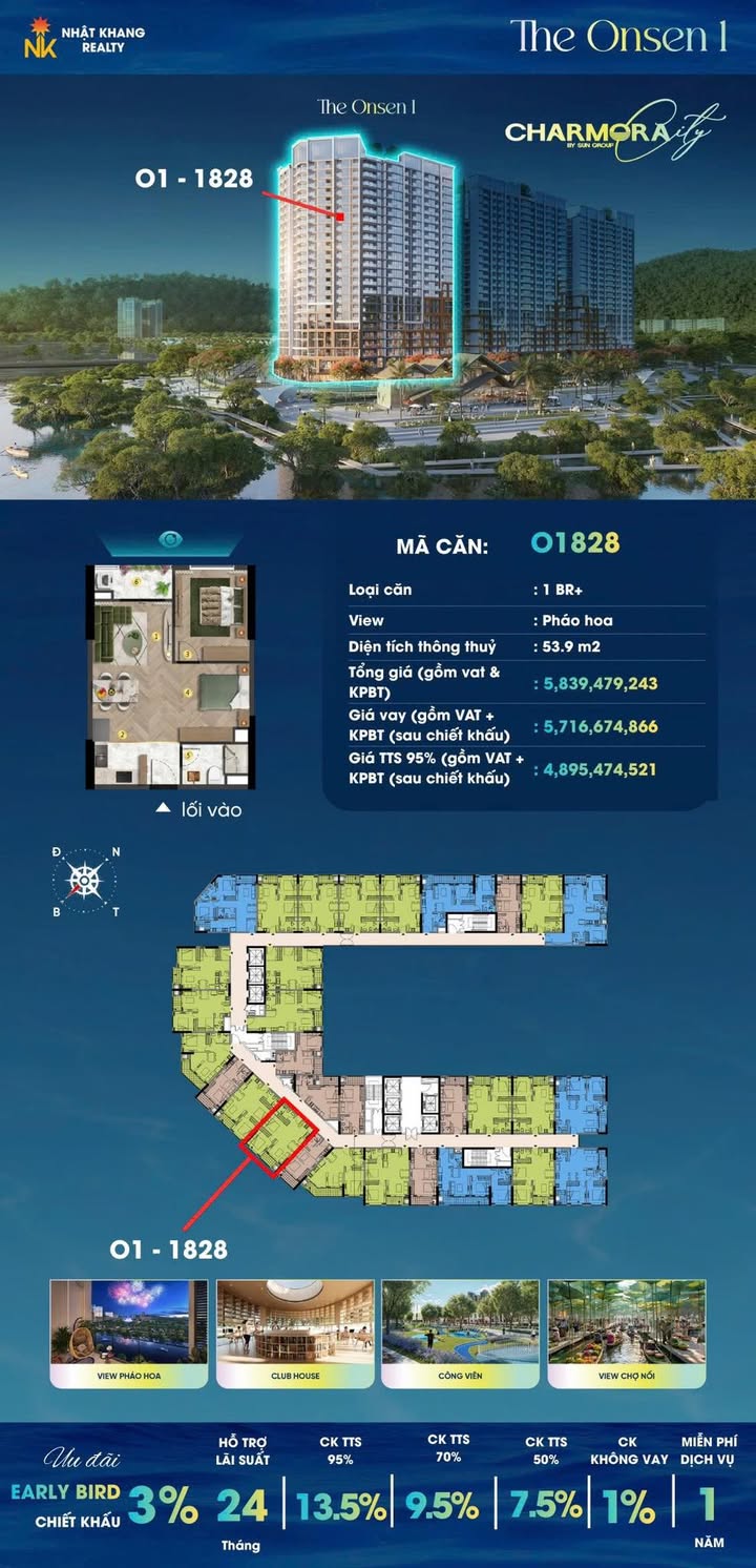 Căn hộ 1PN Charm City Nha Trang - 53.9m² View Pháo Hoa