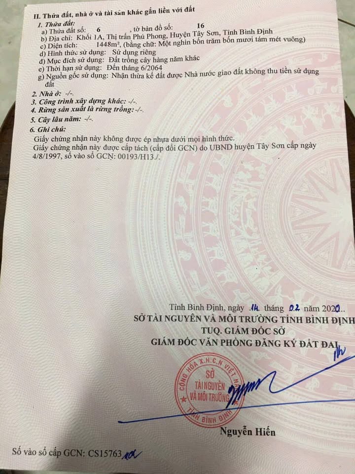 Đất vườn khối 1A Phú Phong 1448m² giá 1 tỷ - Đầu tư dài hạn