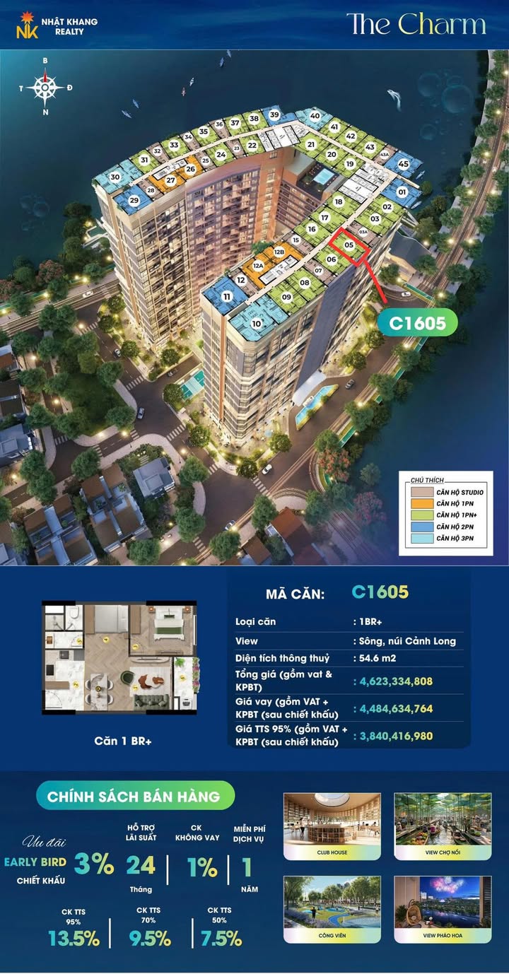 Căn hộ 1BR+ Charm City View 54.6m² - Phong thủy đẹp, view sông núi