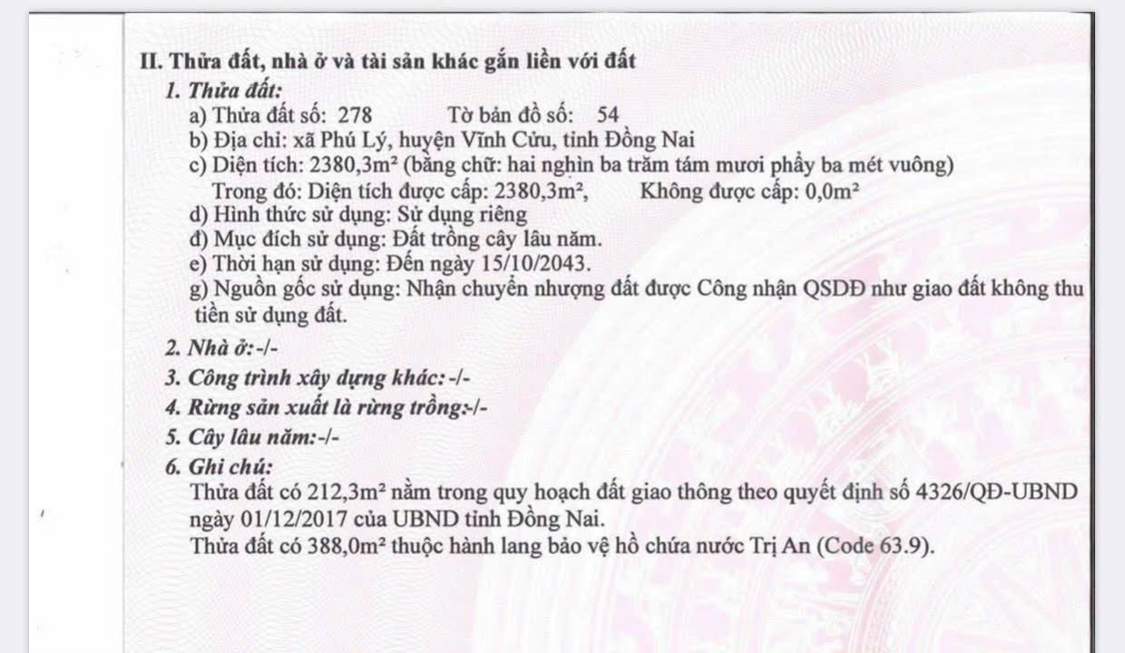 Đất nền Phú Lý Vĩnh Cửu 2706m² giá 2.6 tỷ - Sổ hồng chính chủ!