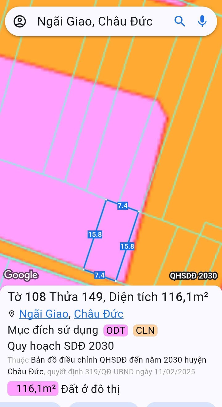 Bán đất Ngãi Giao 118m² Sổ đỏ chính chủ - Giá 1.05 tỷ