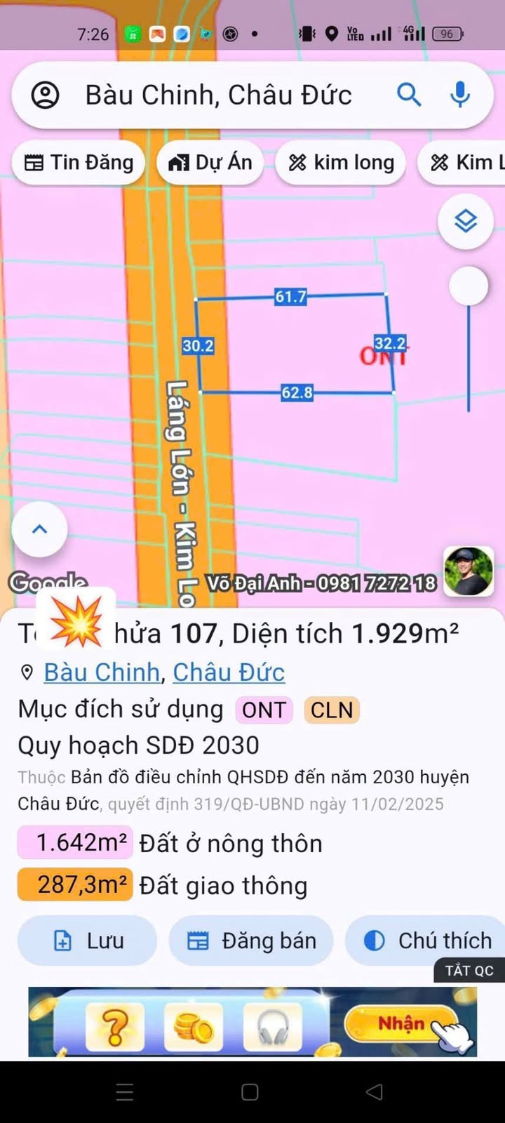 Bán đất Châu Đức 2100m² giá 6.8 tỷ - Vị trí đắc địa sinh lời