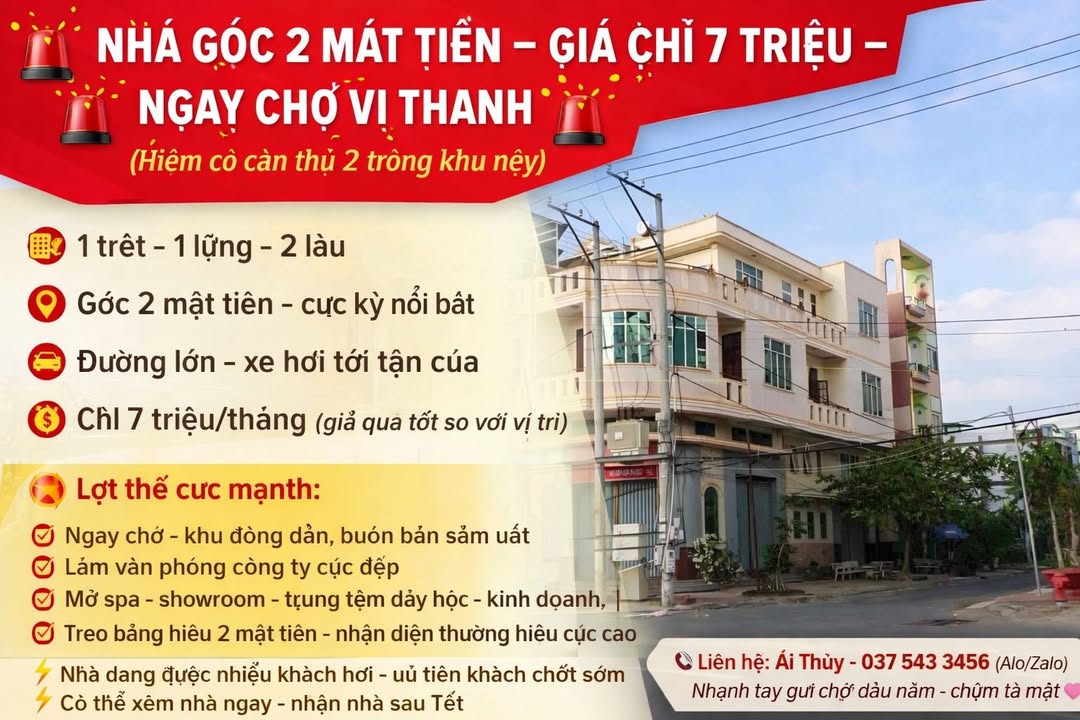 Mặt bằng kinh doanh góc 2 mặt tiền - Ngay chợ Vị Thanh, 7 triệu/tháng