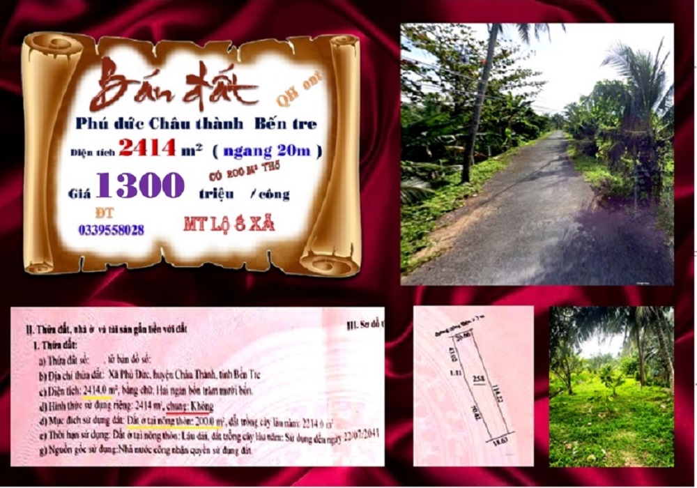 Đất Vườn Xã Phú Đức, Châu Thành, Bến Tre 2414m² - Sinh Thái Xanh, Đầu Tư Dài Hạn!