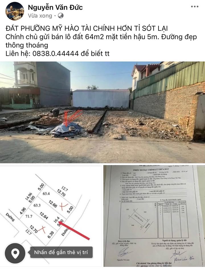 Đất nền Mỹ Hào, Hưng Yên 64m² - Sổ đỏ chính chủ, giá hơn 1 tỷ