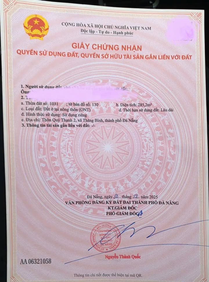 Đất nền Bình Quý, Thăng Bình 285m² - Đất thổ cư 100%!