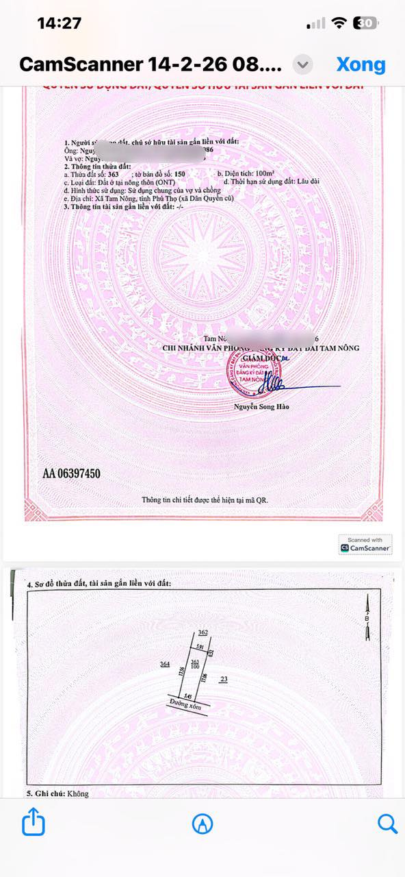 Bán đất thổ cư 100m² tại Tam Nông, Phú Thọ - Sổ đỏ, nở hậu