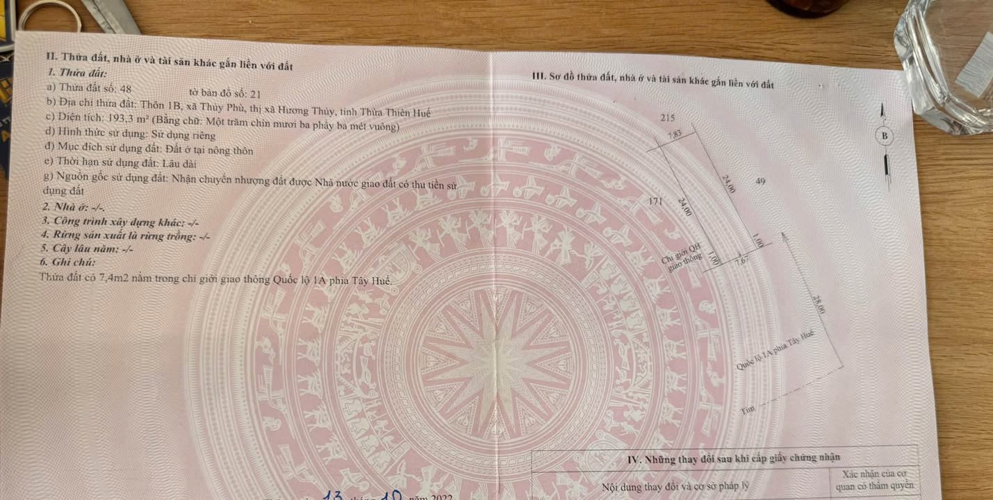 Đất nền mặt tiền Quốc Lộ, Phú Bài 193m² giá 2 tỷ - Sổ đỏ chính chủ