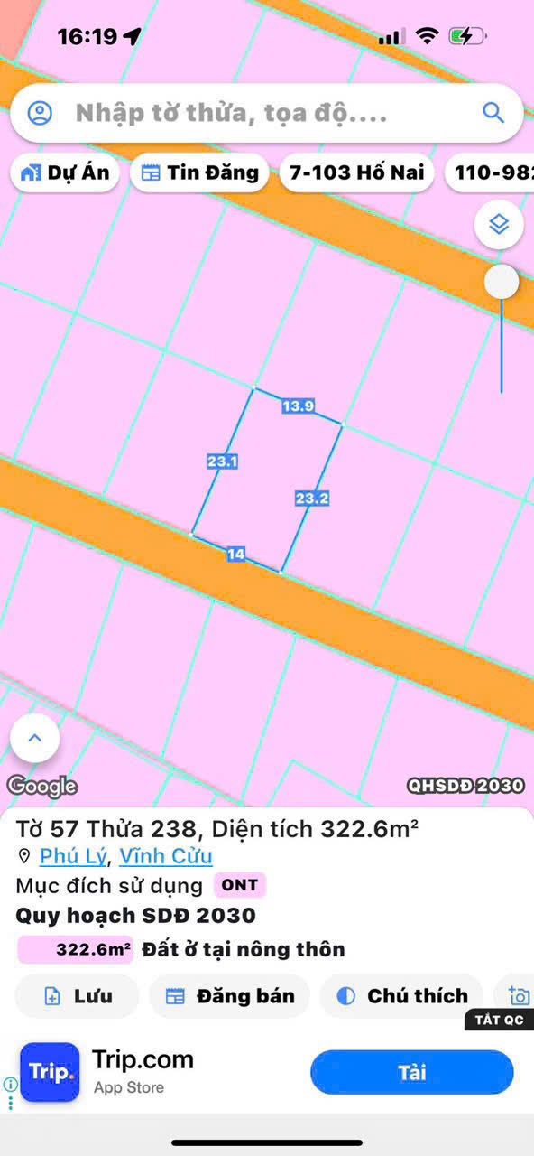 Lô đất Xã Phú Lý, Vĩnh Cửu 322m² giá 1.29 tỷ - Sổ đỏ chính chủ