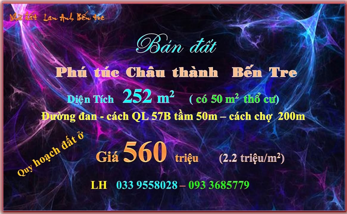 Bán đất thổ cư Phú Túc, Bến Tre 252m² giá chỉ 530 triệu - Sổ đỏ sẵn sàng