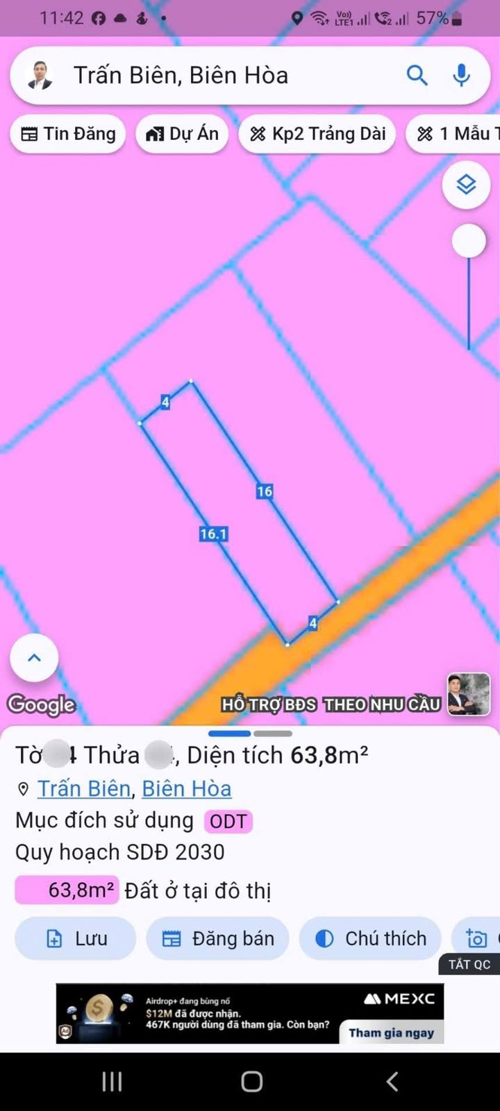 Đất Sổ Hồng Thổ Cư 64m² Mặt Tiền Biên Hòa - Giá 1.3 Tỷ