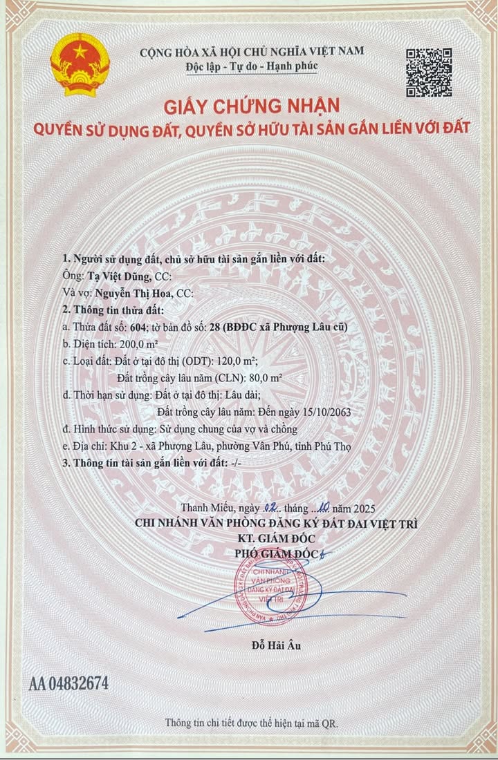 Đất nền Vân Phú, Việt Trì 200m² - 2 Mặt Tiền, Chính Chủ!