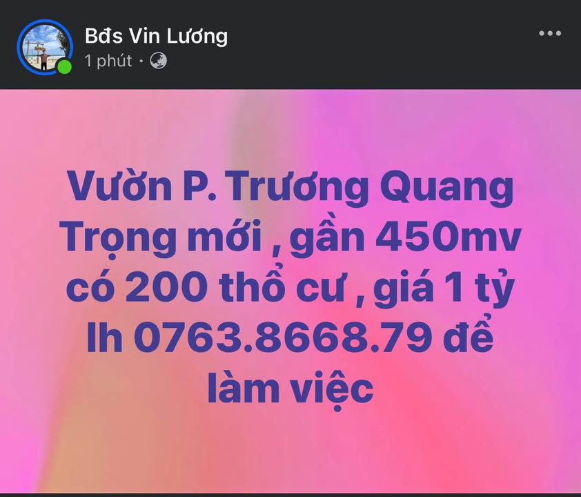 Đất nền Phường Trương Quang Trọng 450m² giá 1 tỷ - Đất thổ cư 100%