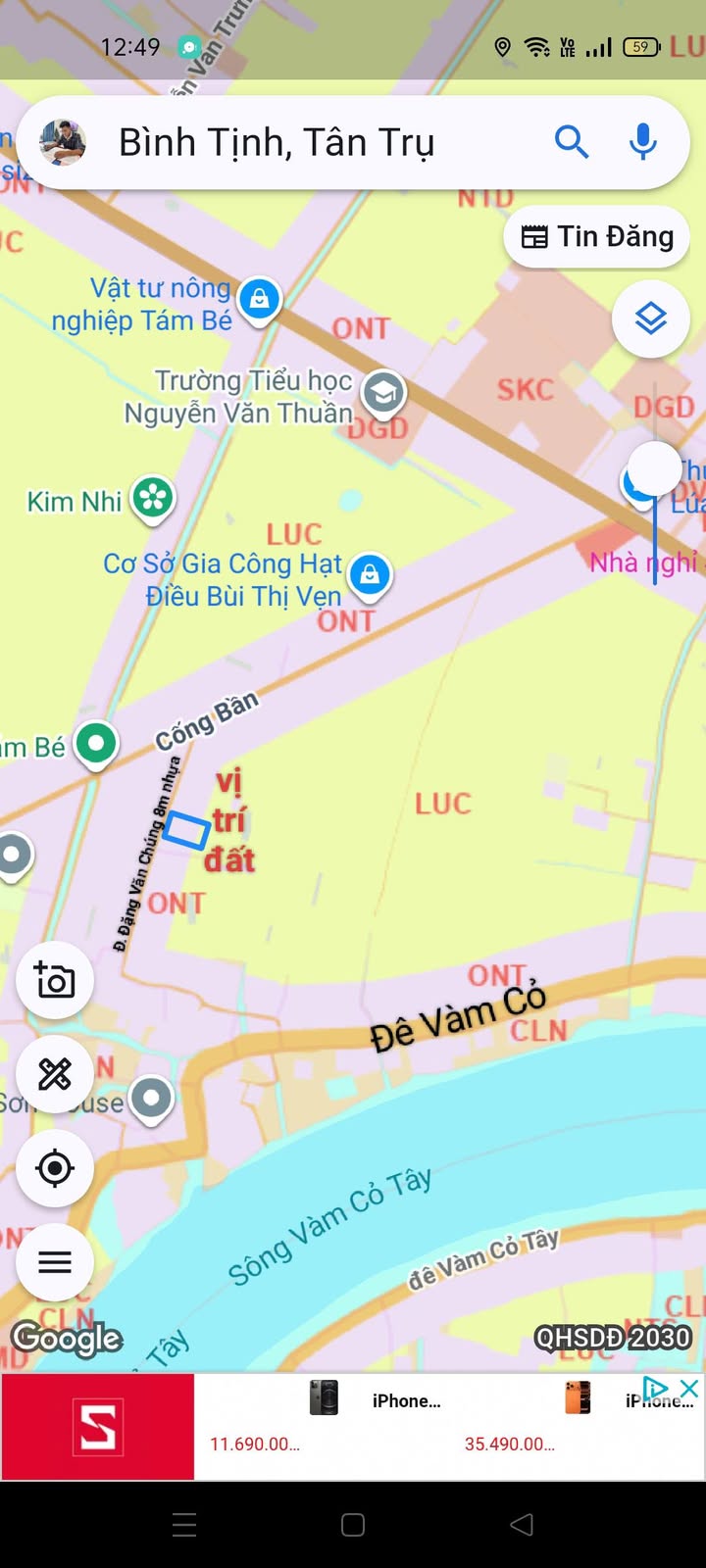 Đất thổ cư 205m² mặt tiền nhựa 8m Đặng Văn Chúng, Tân Trụ - Sổ hồng sẵn, giá 850 triệu/lô