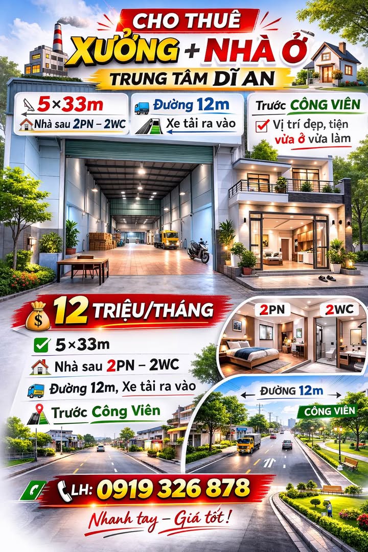 Cho thuê xưởng + nhà ở Dĩ An 165m² - Vừa ở vừa làm, xe tải vào
