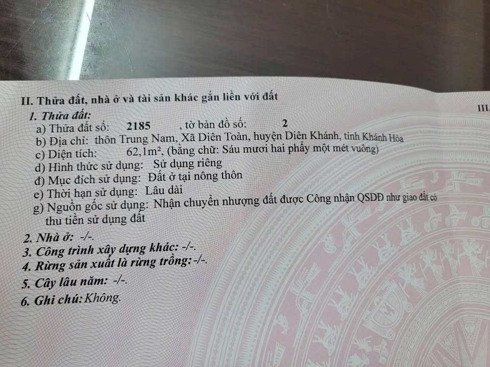 Bán Đất Nền Thổ Cư 62.1m² Trung Tâm Diên Khánh - Sổ Đỏ Sẵn Sàng