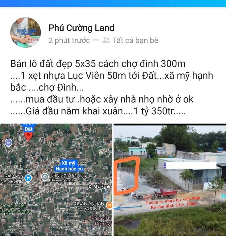 Đất nền 175m² Xã Mỹ Hạnh Bắc, Đức Hòa – Sổ đỏ chính chủ, 1.35 tỷ