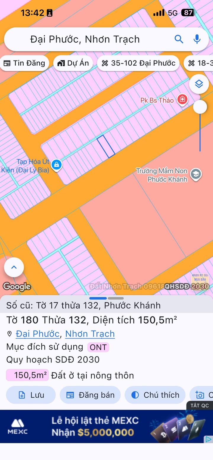 Đất nền Phước Khánh, Nhơn Trạch 150m² - Mặt tiền 26m, đối diện trường học, công viên