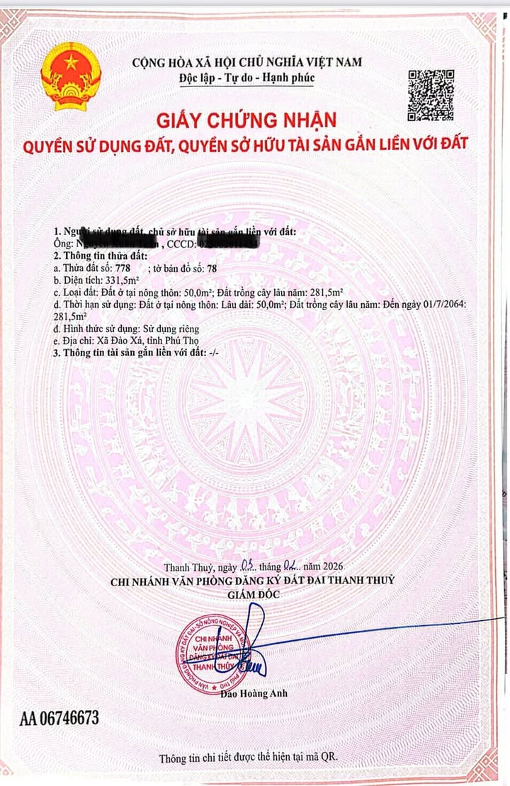 Đất nền Đào Xá, Thanh Thủy 331.5m² - Sổ đỏ chính chủ, xây dựng tự do!