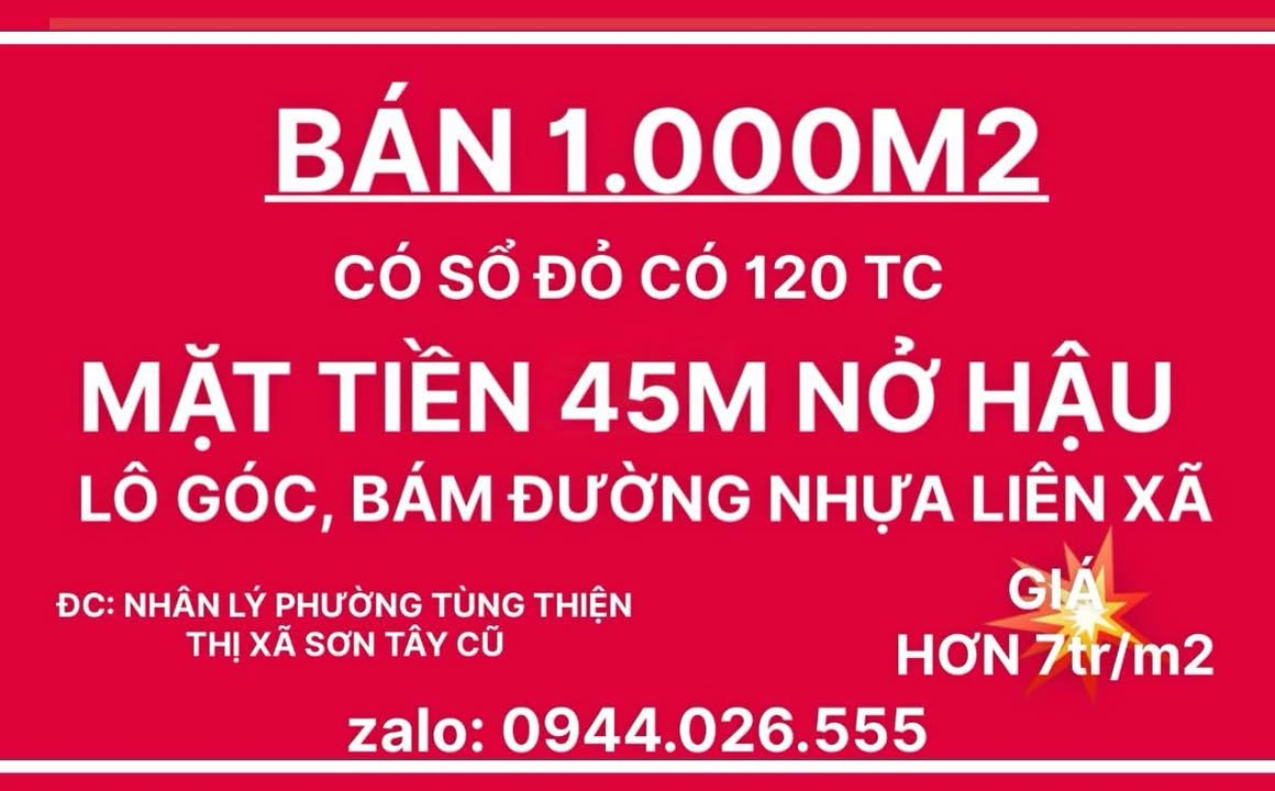 Đất nền Sơn Tây 1000m² đường 413 - Sổ đỏ chính chủ!