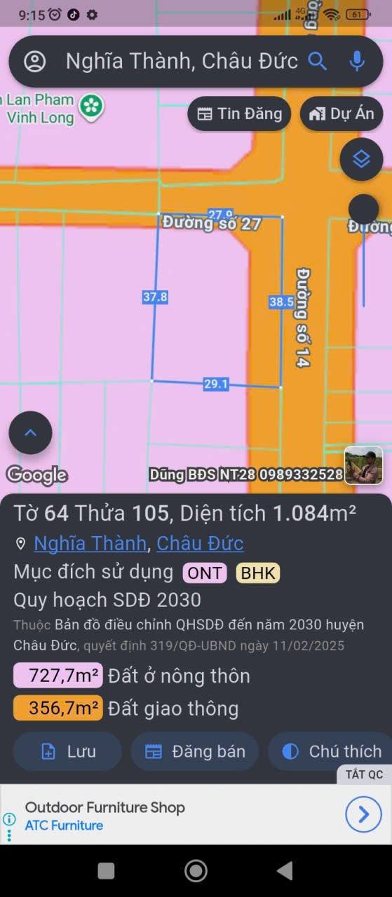 Đất nền 100m² Nghĩa Thành, Châu Đức - Sổ đỏ chính chủ, 2 mặt tiền