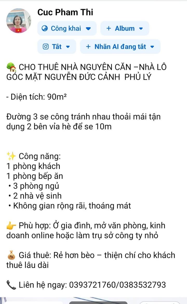 Nhà riêng Lý Nhân, Hà Nam - Chính chủ cho thuê, giá tốt!