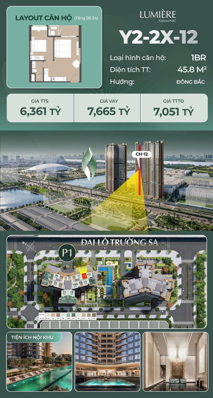 Căn hộ 1PN Lumière Essence Peak 45.8m² - Tầng cao view thoáng, giá từ 6.36 tỷ