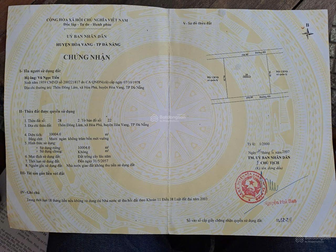 Đất nền Hòa Phú, Hòa Vang 10.000m² giá 5.5 tỷ - Sổ đỏ sẵn!