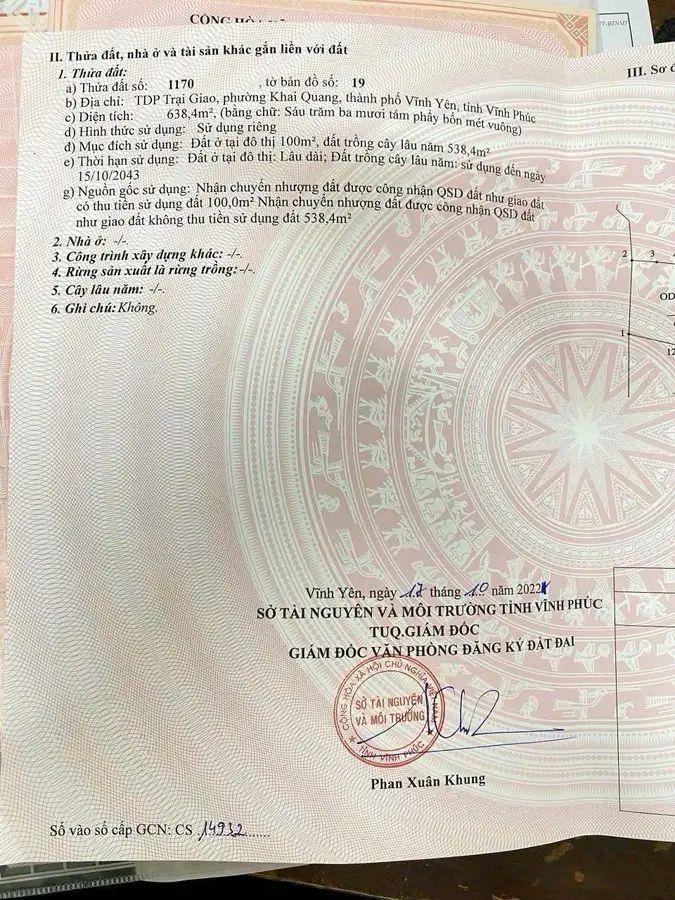 Đất nền Khai Quang, Vĩnh Yên 638m² - Sổ đỏ chính chủ