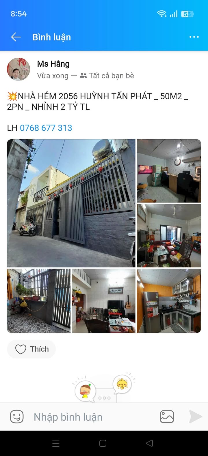 Nhà Hẻm Huỳnh Tấn Phát Q7 - 50m² - 2PN - Giá 2 Tỷ TL