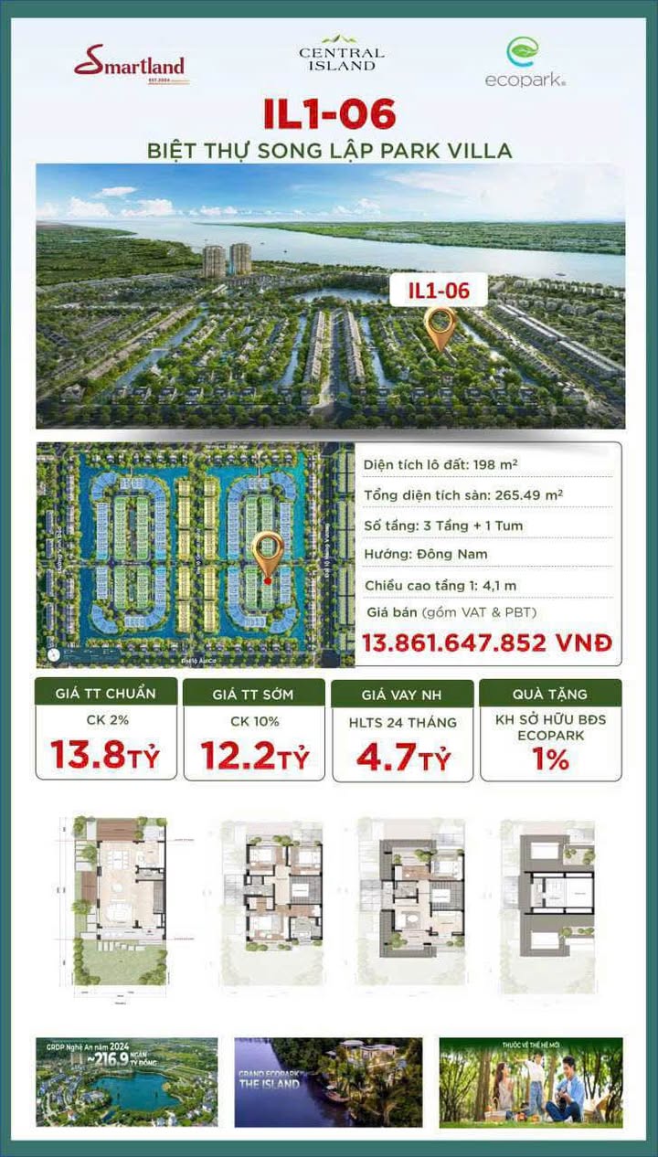 Biệt thự Song lập SL Parkvilla Vinh - 198m² - 12.278 Tỷ - Sẵn Sàng Đón Chủ Mới